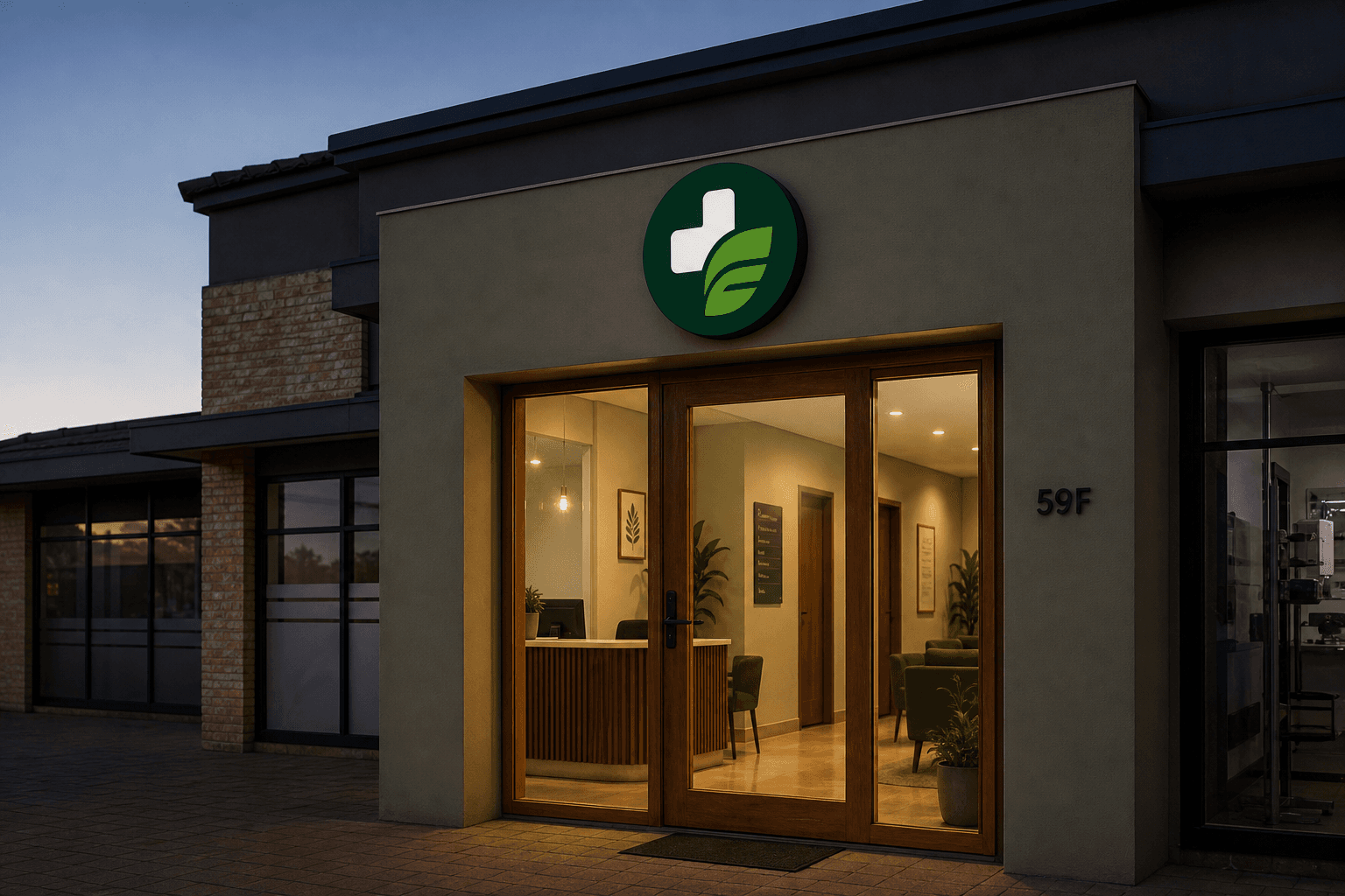 EdenCare Family Clinic shopfront at dusk on Van Riebeeck Avenue, Edenvale