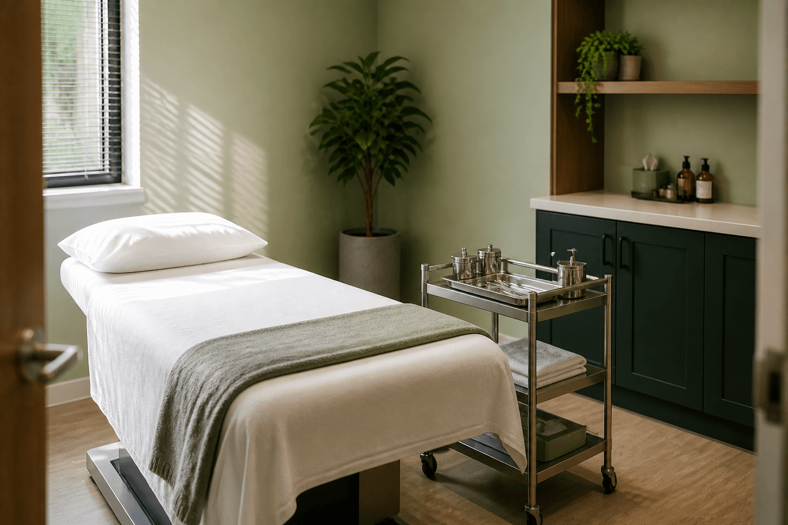 A clean treatment room with an examination bed and instrument trolley